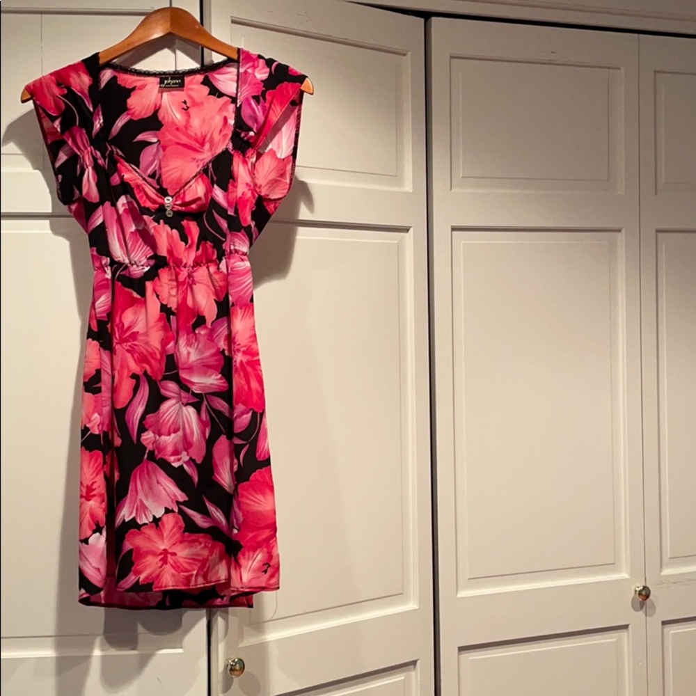 Black dress with pink and purple floral design